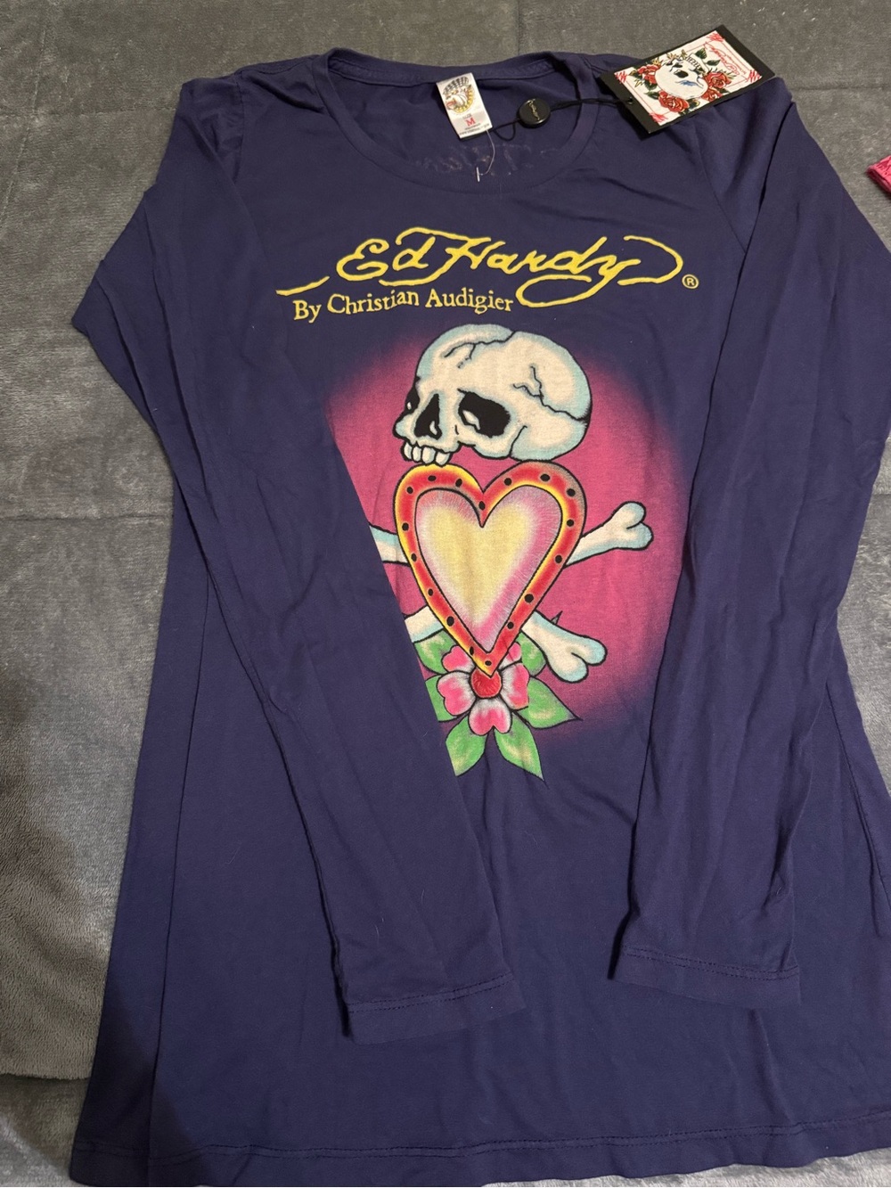 Ed Hardy Purple Long Sleeve Tee with Skull, Heart & Floral Graphic